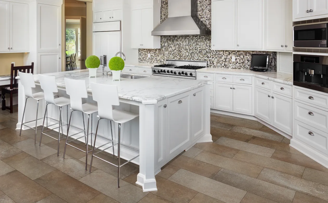 Tile Flooring in Kitchen with White Kitchen Island